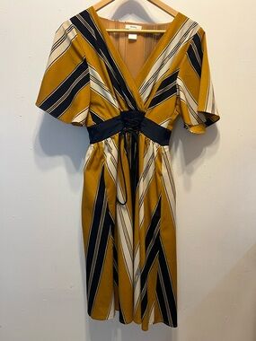 Esley Mustard Stripe Dress with Navy Waist Detail